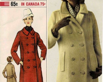 1960s Misses Lined Double Breasted Coat Designer Fashion Simplicity 6181 Vintage Sewing Pattern Full Figure Size 18 Bust 38 UNCUT