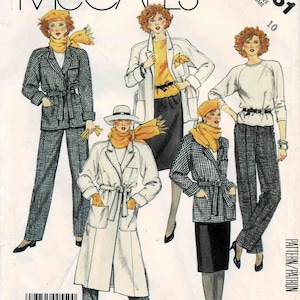 May include: A sewing pattern for a women's clothing set. The pattern includes a jacket, skirt, pants, and a long coat. The pattern is for size 10. The pattern is from McCall's and the pattern number is 2151.
