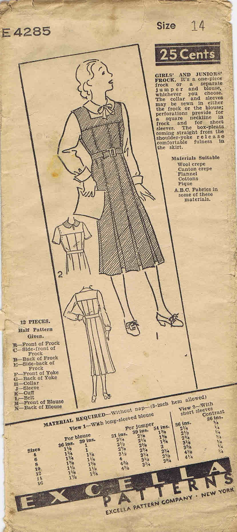 1930s Girls Frock Dress Jumper Blouse Excella E4285 Vintage Sewing Pattern  Size 14 Breast 34 FACTORY FOLDED