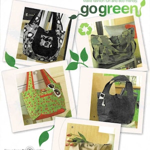 May include: A sewing pattern for five different tote bags. The bags are made from different fabrics, including camouflage, denim, and floral prints. The pattern is called "Simplicity" and includes the text "go green".
