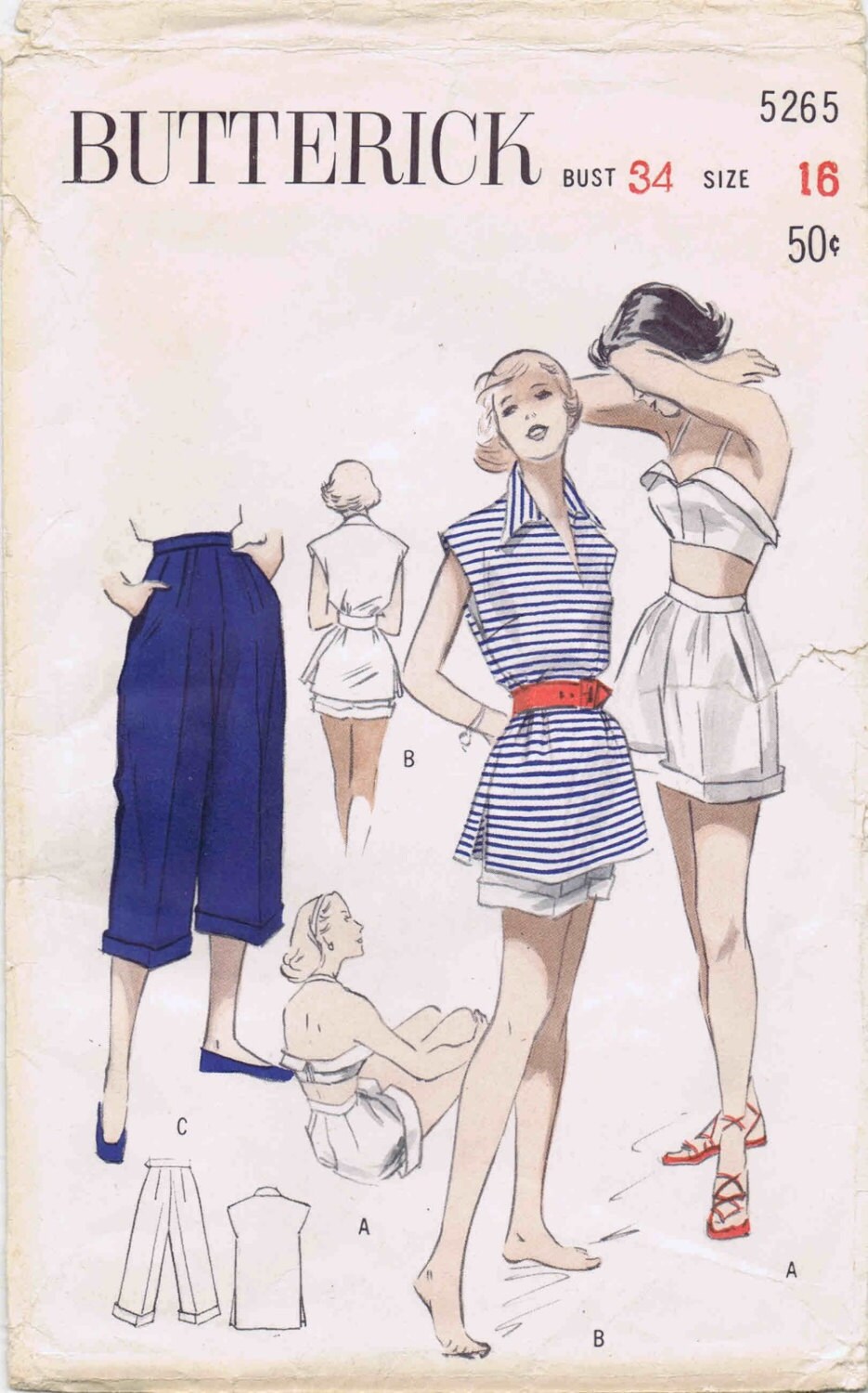 1950s Halter Bra Top Blouse Shorts Pedal Pushers Butterick