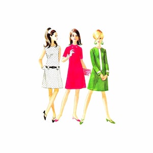 May include: Three women wearing different styles of dresses. The woman on the left is wearing a white dress with black polka dots and a black belt. The woman in the middle is wearing a bright pink dress. The woman on the right is wearing a green dress with white trim.