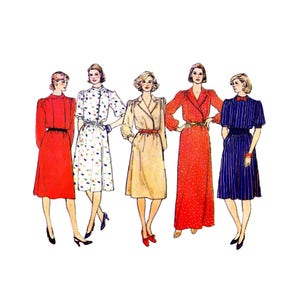 May include: Five women wearing different styles of dresses. The dresses are in various colors and patterns, including red, white, beige, and blue. The women are standing in a row, facing forward.
