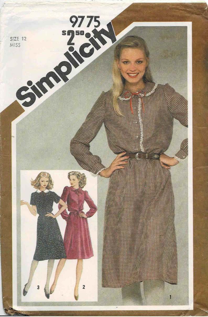 1980s Misses Peter Pan Collar Dress Simplicity 9775 Vintage Sewing Pattern Size 12 Bust 34 UNCUT image 1