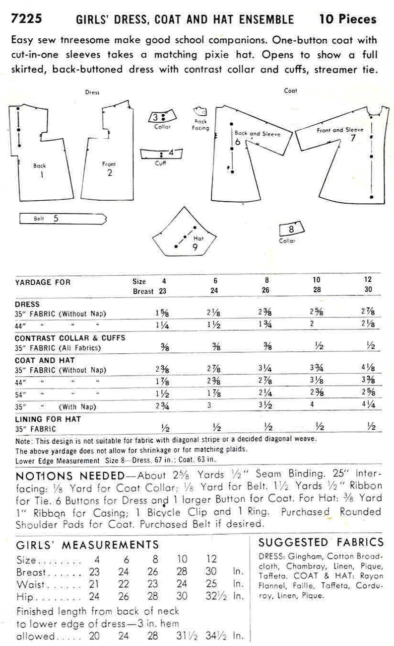 1950s Girls Full Skirt Dress Coat and Pixie Hat Ensemble Butterick 7225 Vintage Sewing Pattern Size 10 Breast 28 image 2