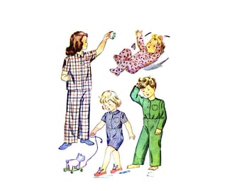 1940s Girls Boys Pajamas Simplicity 2040 Vintage Sewing Pattern Kids Pajamas Front Button Tops Drawstring Pants Sleepwear Childrens Size 4