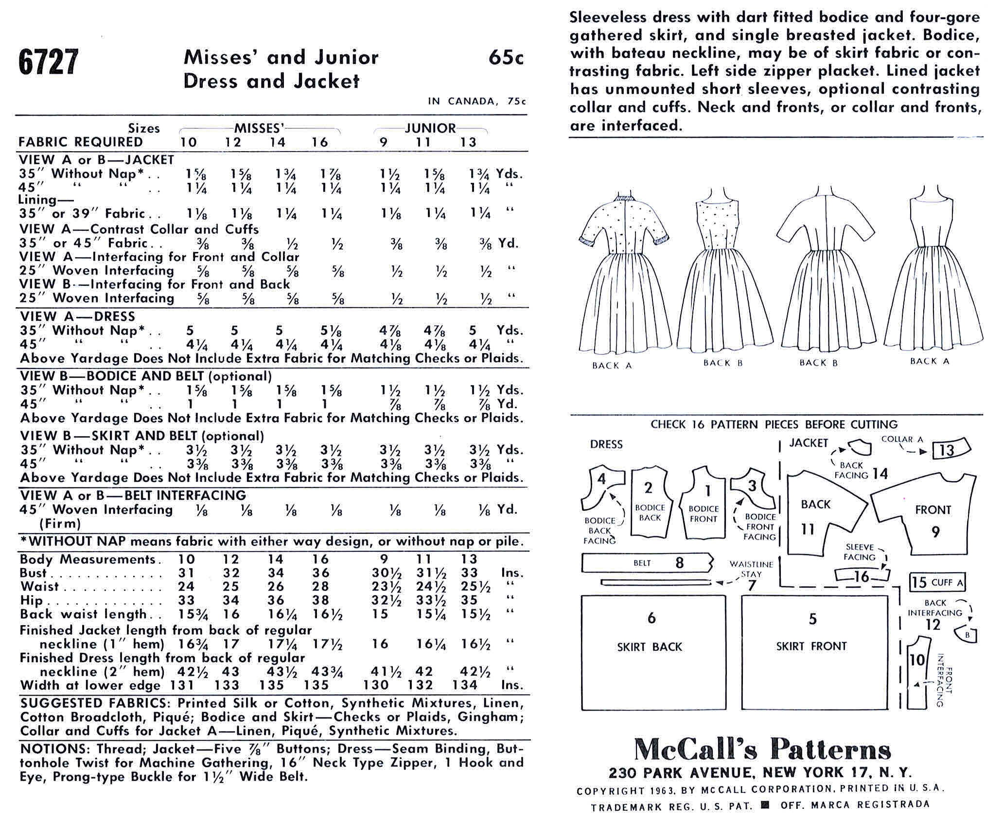 Simplicity 6727 Pattern 1960s Misses Sleeveless Full Skirt Dress and Jacket Mccall's 6727 ...