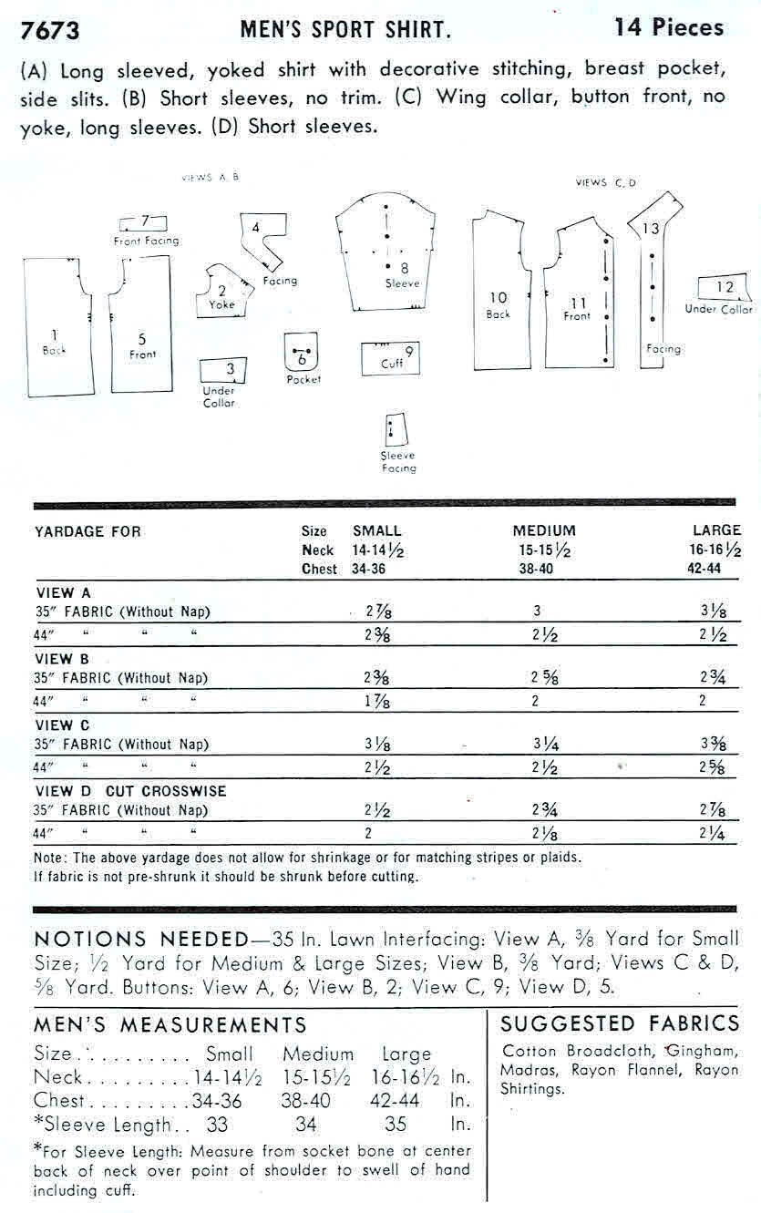 1950s Mens Sport Shirt Butterick 7673 Vintage Sewing Pattern Chest
