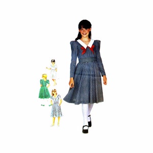 May include: A girl wearing a blue and white gingham dress with a white collar and a red bow. The dress has puffed shoulders and a full skirt. The girl is wearing white tights and black shoes.