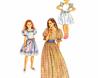 1980s Girls Ruffled Dress Vintage Sewing Pattern Simplicity 6041 Gathered Skirt Short Puff Sleeves Pullover Dress Size 10 UNCUT