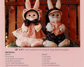 Stuffed Bonny and Benny Bunny Soft Sculpture to Hang or Bug Dotti's Designs 1019 Vintage Sewing Pattern UNCUT