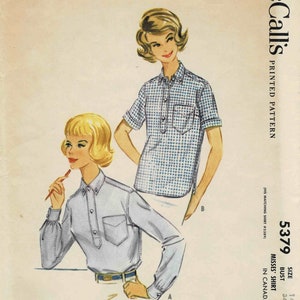 1960s Misses Yoked Pullover Shirt with Button-Down Collar McCall&#39;s 5379 Vintage Sewing Pattern Size 14 Bust 34 UNCUT