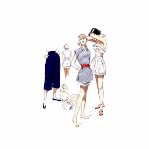May include: Illustration of four women wearing different summer outfits. One woman is wearing a white top with a blue and white striped skirt, another is wearing a white top with a white skirt, another is wearing a white top with blue pants, and the last woman is wearing a white top with a white skirt and a blue and white striped top.