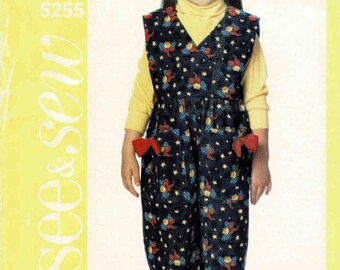 1990s Girls Button Shoulders Raised Waist Jumpsuit Butterick See & Sew 5255 Vintage Sewing Pattern Size 2 - 3 - 4 UNCUT