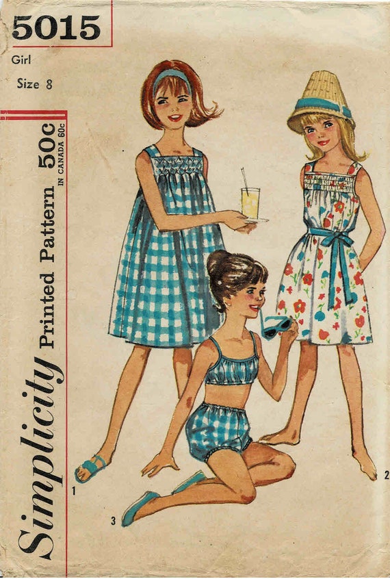 1960s Girls Smocked or Gathered Shift Dress and Bikini and Playsuit  Simplicity 5015 Vintage Sewing Pattern Size 8 Breast 26