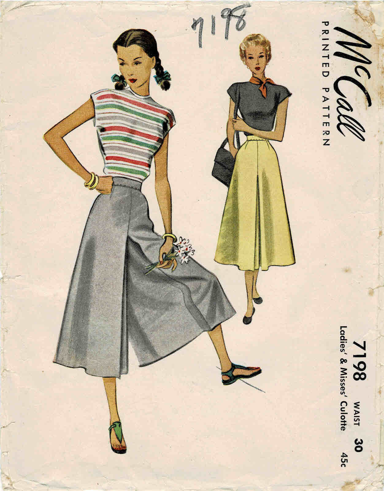 1940s Misses Culottes or Split Skirt Mccall 1798 Vintage Sewing