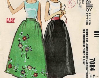 1960s Misses Blouse and Skirt with Floral Embroidery Transfer McCall's 7084 Vintage Sewing Pattern Size 12 Bust 32 UNCUT