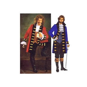 May include: Two men wearing historical costumes. The man on the left is wearing a red coat with gold trim and black pants. The man on the right is wearing a blue coat with gold trim and black pants. Both men are wearing white shirts and have long, dark hair.