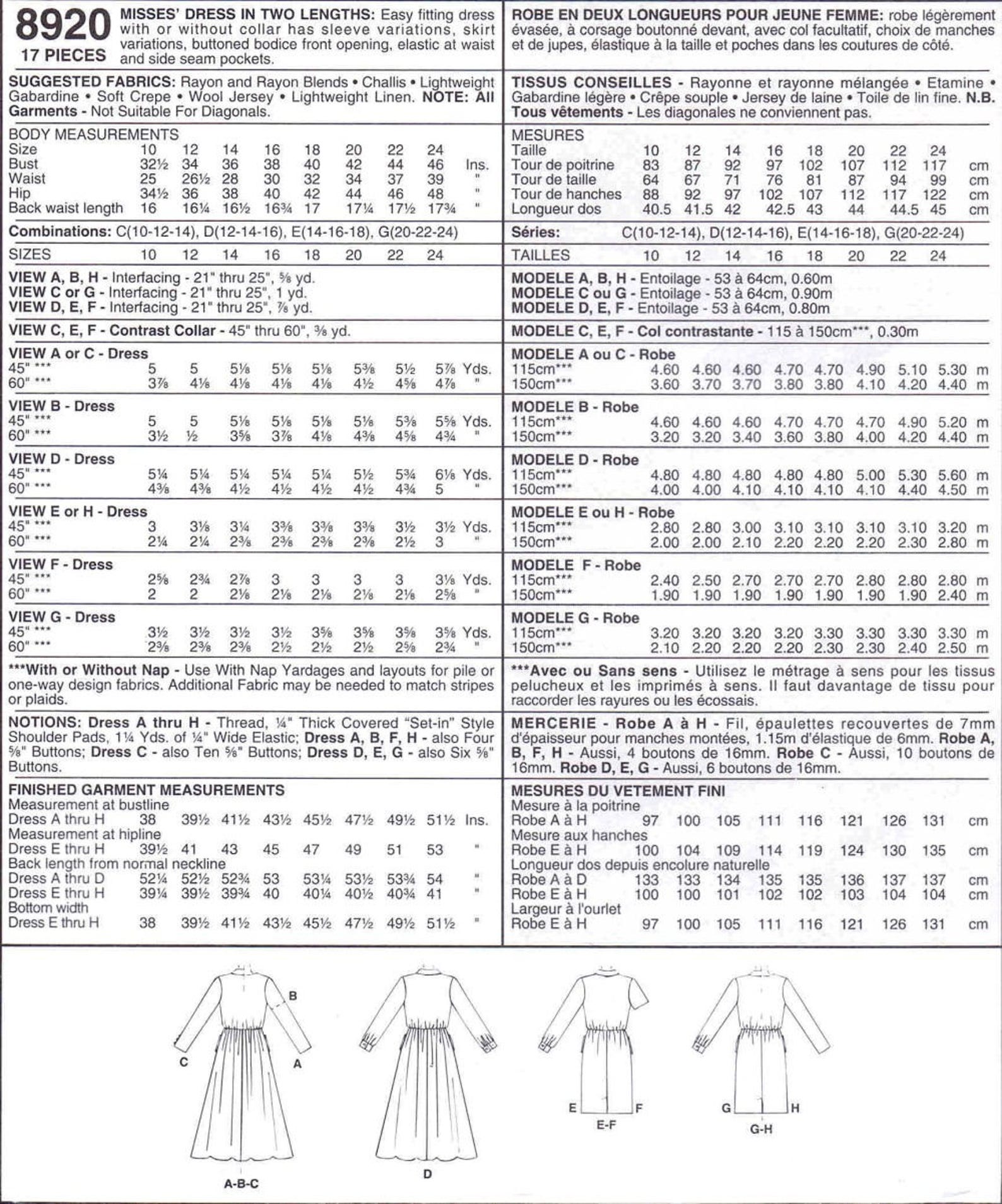 Misses Easy Fitting Dress Mccalls 8920 Sewing Pattern Size 12 - Etsy