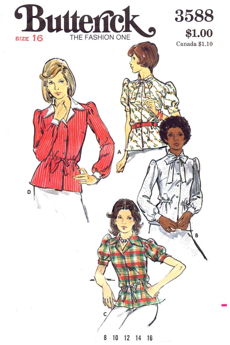 1970s Misses Semi-fitted Front Button Blouses Butterick 3588 | Etsy