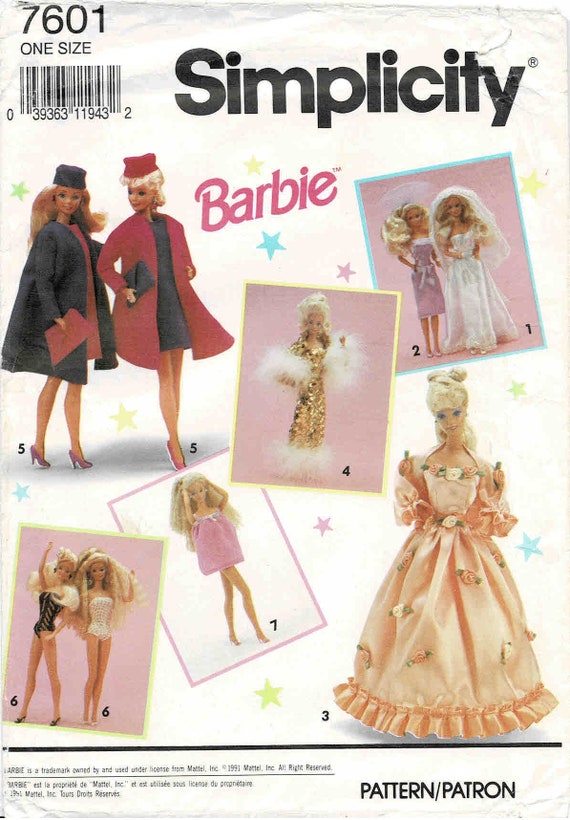 Barbie Doll Wardrobe Dress Gown Shrug Shift Dress Bag Top Panties  Simplicity 7601 Vintage Sewing Pattern UNCUT