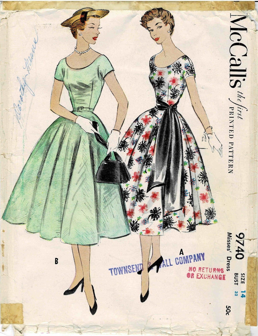 1950s Misses Scoop Neck Full Skirt Dress With Sash - Etsy