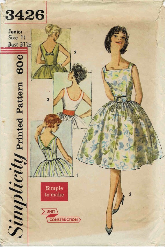 1960s Full Skirt Dress with Square, V-Back or Low Round Necklines  Simplicity 3426 Vintage Sewing Pattern Size 11 Bust 31 1/2 UNCUT