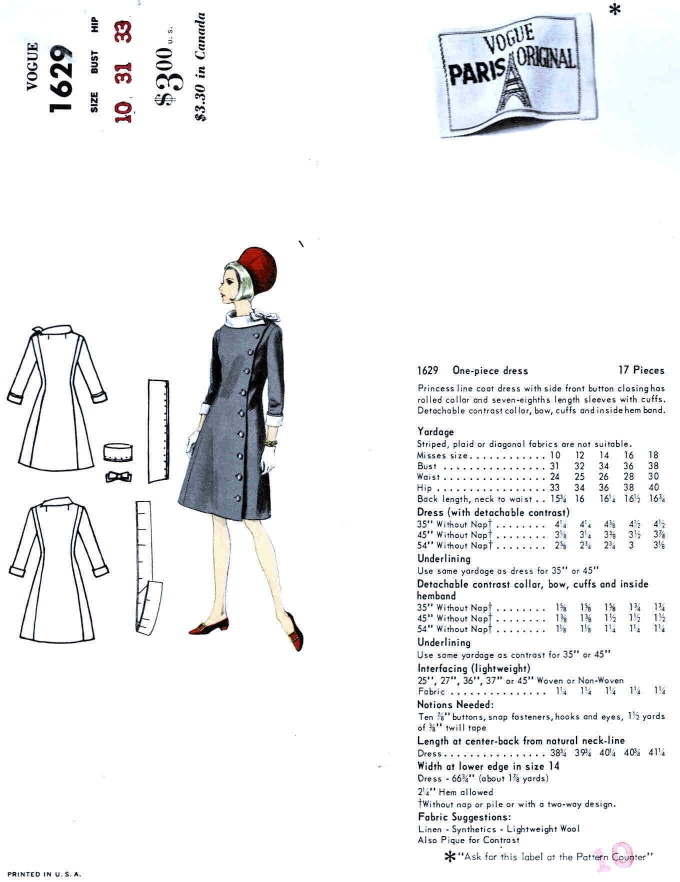 1960s Vogue 1629 Molyneux Designer Princess Seam Coat Dress