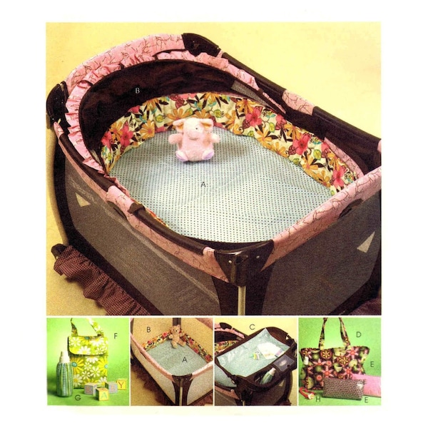 Baby Play Pen Bassinet Bumpers McCalls 5829 Sewing Pattern Fitted Sheet Diaper Bag Bottle Bag Pacifier Keeper UNCUT