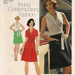 1970s Misses Short Front Wrap Dress Simplicity 6262 Vintage Sewing Pattern Size 10 Bust 32 1/2 UNCUT