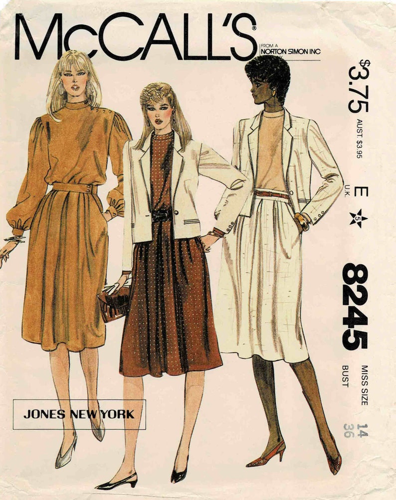 1980s Jones New York Misses Jacket Blouse Skirt Two-Piece Dress McCalls 8245 Vintage Sewing Pattern Size 14 Bust 36 UNCUT image 1