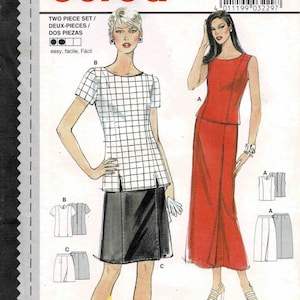 May include: Burda sewing pattern number 3229 for a two-piece set. The pattern includes a black and white checkered top with short sleeves and a black skirt. The second outfit is a red sleeveless top and a red skirt. The pattern is easy to sew and includes seam and hem allowances.