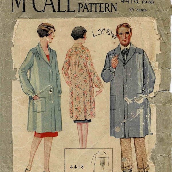 1920s Mens or Womens Artist Smock McCall 4418 Vintage Sewing Pattern Size Small Chest / Bust 34 - 36