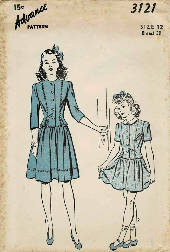 1940s Girls Dress Advance 3121 Vintage Sewing Pattern Size 12 Breast 30 FACTORY FOLDED 1940s Girls Dress Advance 3121 Vintage Sewing Pattern Size 12 Breast 30 FACTORY FOLDED
