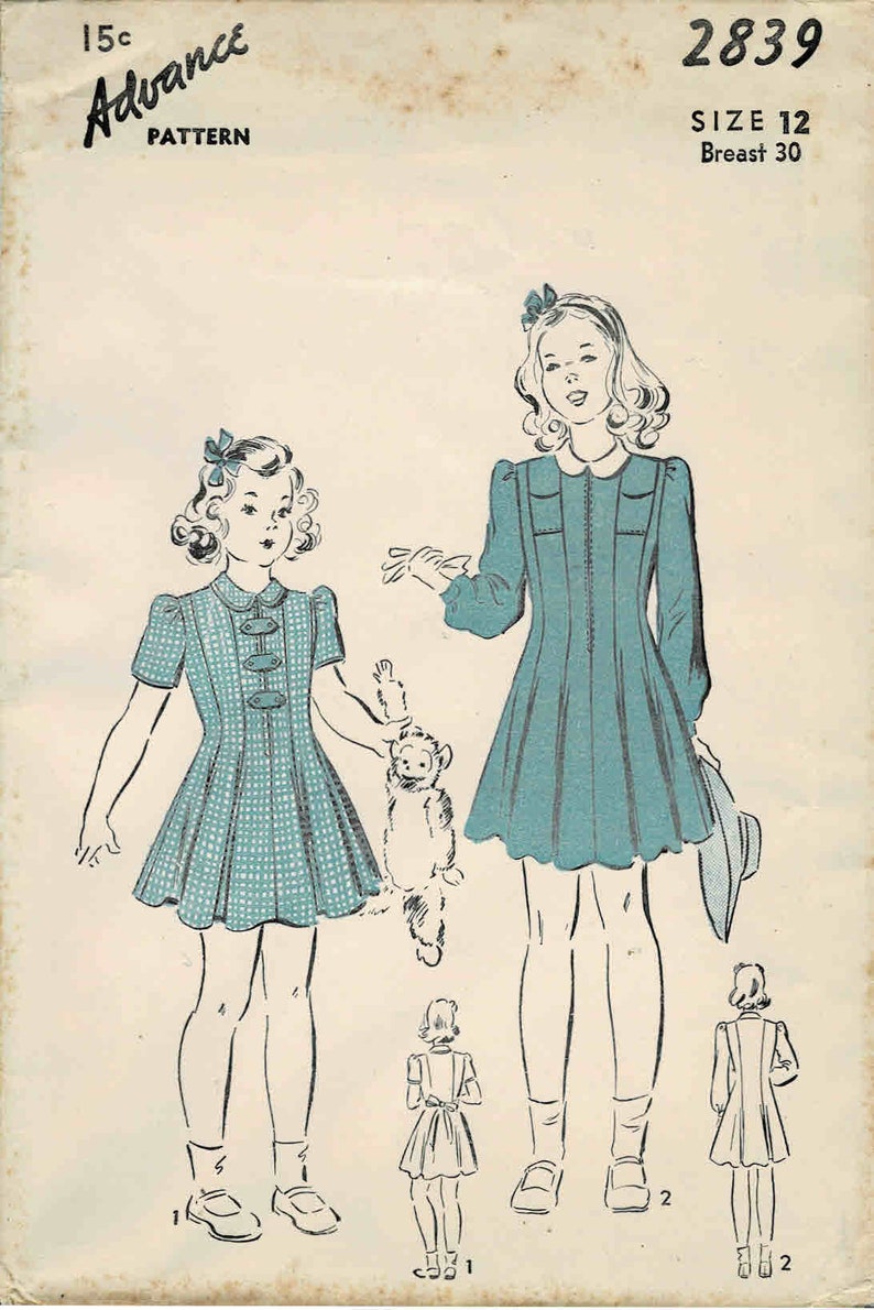 1940s Little Girls Front Zipped Princess Seam Dress Advance 2839 Vintage Sewing Pattern Size 2 Breast 21 or Size 12 Breast 30 FACTORY FOLDED 12 - Factory Folded