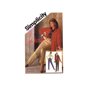 May include: Simplicity sewing pattern for a red jacket and pants. The pattern includes a saddle chart or how to mark with pants. John Weitz signature is visible on the pattern.