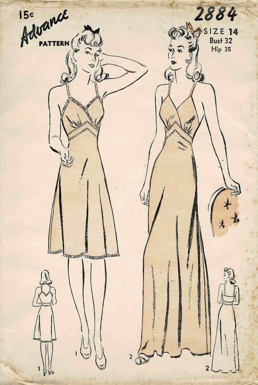 1940s Advance 2884 Vintage Slip Sewing Pattern Misses Short or