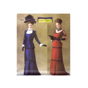 May include: A vintage sewing pattern for two women's dresses. The pattern is for a long, blue dress with a jacket and a long, red dress with a lace trim. The pattern is from the Making History collection and is number B4210.