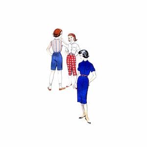 May include: Three women wearing different outfits. The woman on the left is wearing a striped shirt, blue shorts, and red shoes. The woman in the middle is wearing a white shirt, red and white plaid shorts, and red shoes. The woman on the right is wearing a blue dress with a white collar and short sleeves.