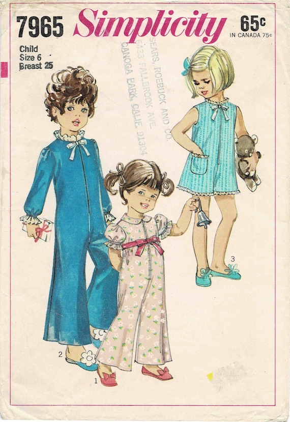 1960s Girls Pajamas Pantsuit Jumpsuit in Two Lengths Simplicity 7965 Vintage Sewing Pattern Size 6 Breast 25 Etsy Canada
