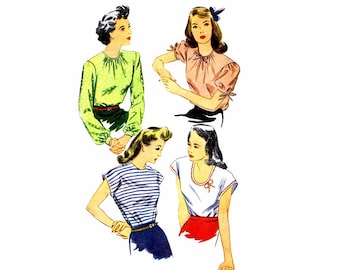 1940s Misses Blouse with Sleeve Variations Swing Era Simplicity 1093 or Simplicity 2345 Vintage Sewing Pattern Different Sizes Available