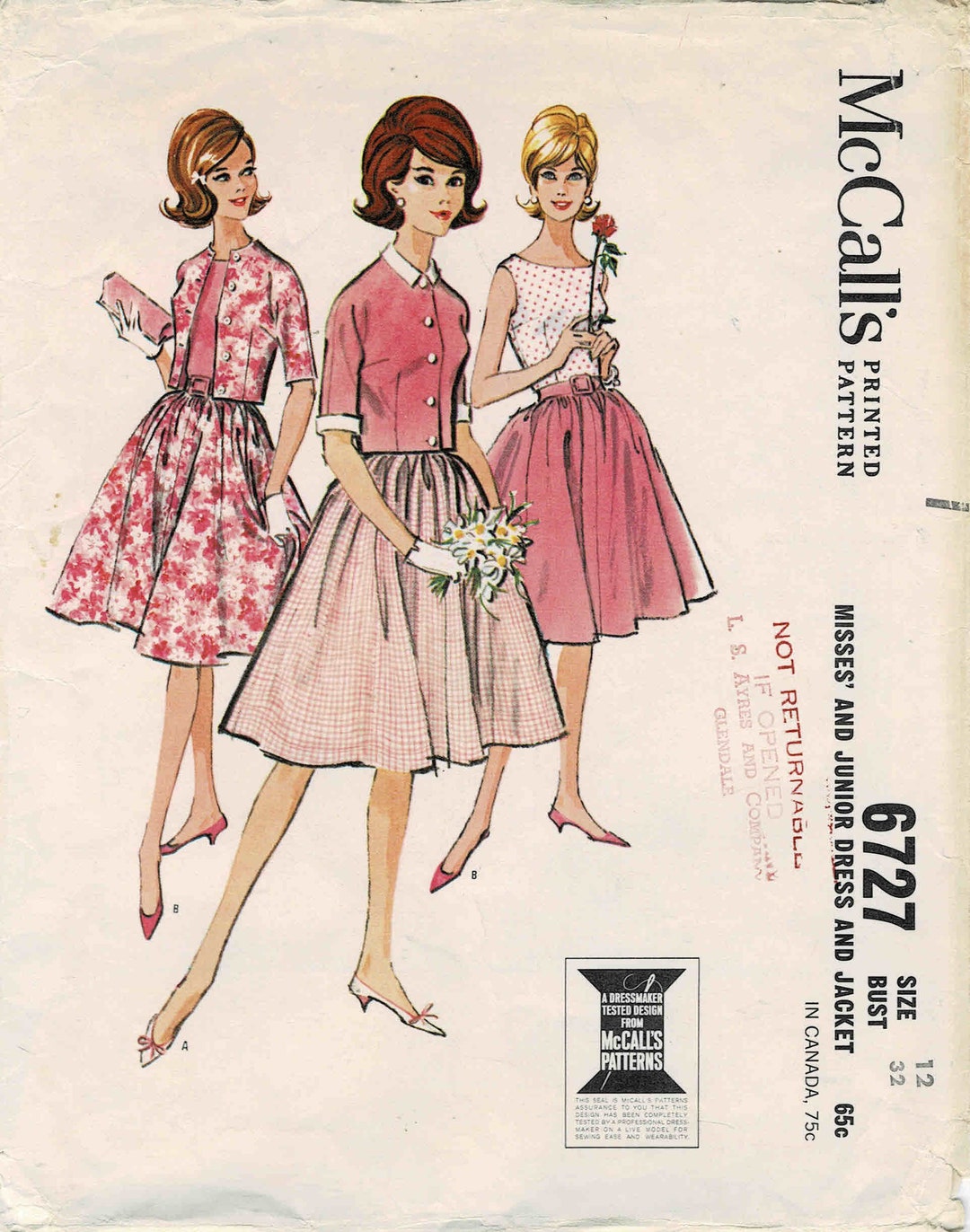 Simplicity 6727 Pattern 1960s Misses Sleeveless Full Skirt Dress and Jacket Mccall's 6727 ...