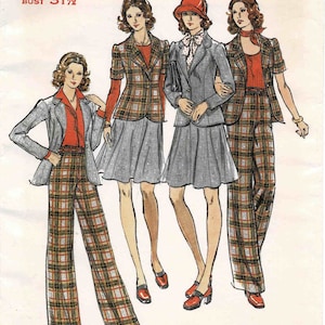 May include: Vintage Butterick sewing pattern 3499 featuring illustrations of women's suits and separates. The pattern includes a blazer, skirt, and pants in various styles. The bust size is 31 1/2 inches. The price is $1.25.