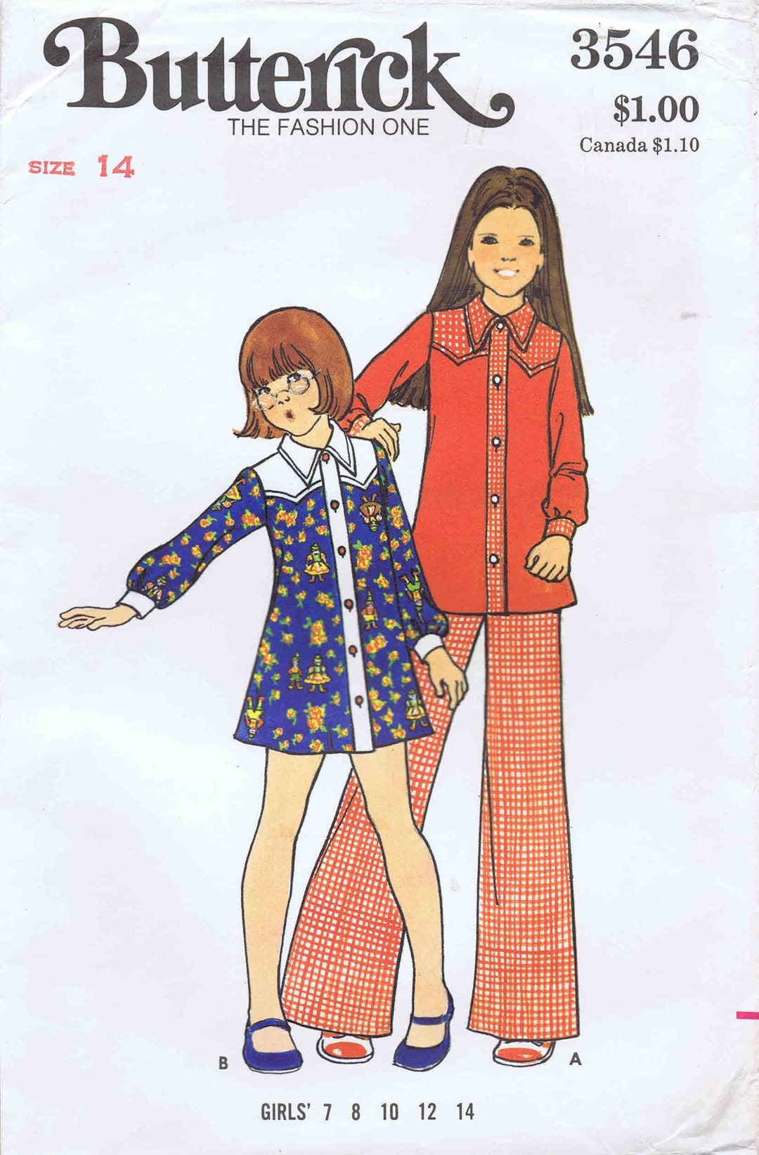 1970s Girls A-line Dress Top Straight Leg Pants Butterick 3546