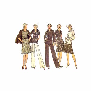 May include: Five women wearing different outfits. The women are wearing dresses, pants, and a skirt. The outfits are all in a brown and white polka dot pattern.