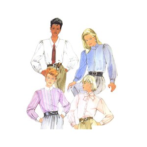 May include: Four women's blouses with different colors and patterns. The blouses have long sleeves and are styled with a variety of collars and cuffs.