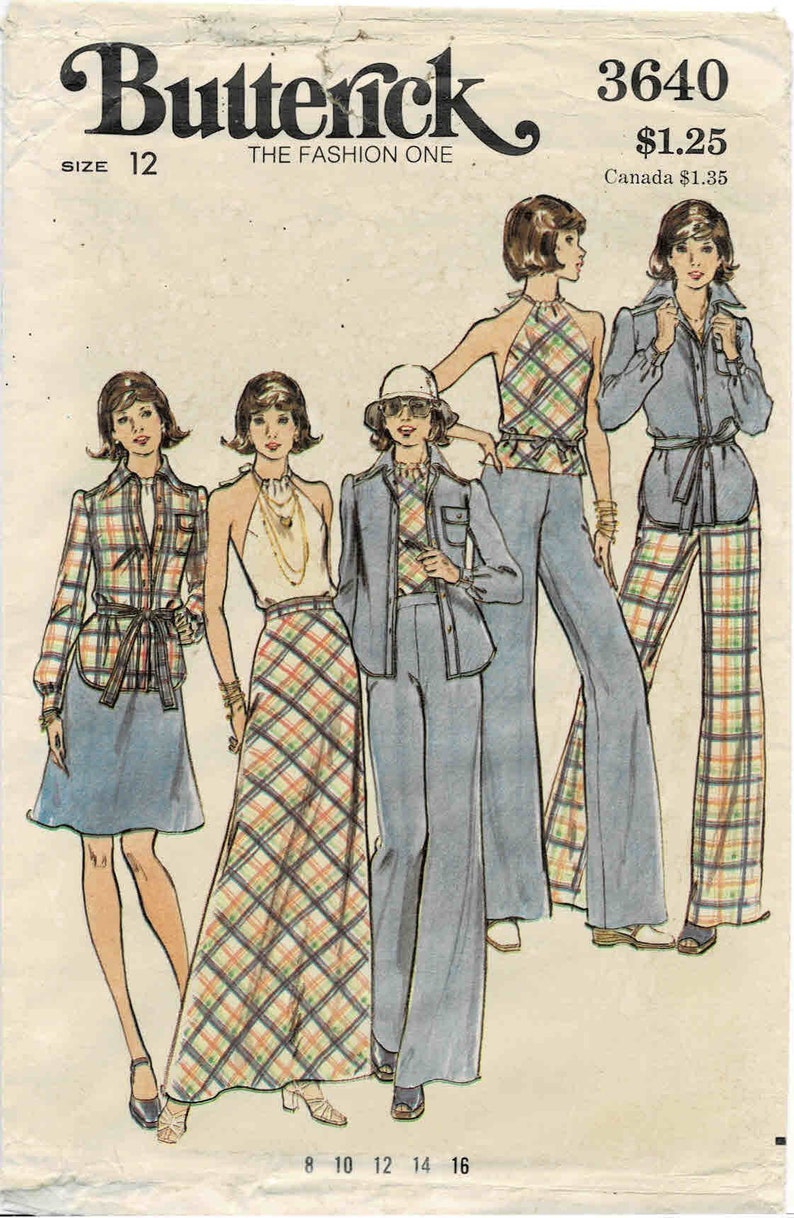 1970s Misses Shirt Wrapped Halter Top Skirt Straight Leg Pants Butterick 3640 Vintage Sewing Pattern UNCUT Different Sizes Available image 3