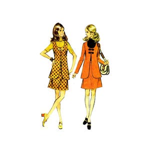 May include: Two women wearing vintage 1960s style dresses. The woman on the left is wearing a yellow and brown patterned dress with a short skirt. The woman on the right is wearing a bright orange dress with a short skirt and a matching jacket.