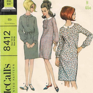 May include: A sewing pattern for a dress in two versions. The pattern is for sizes 14-16 and bust 34-36. The pattern is called "McCall's 8412" and is labeled "Adjust-For-You" and "Misses' Dress in Two Versions "Easy to Sew."
