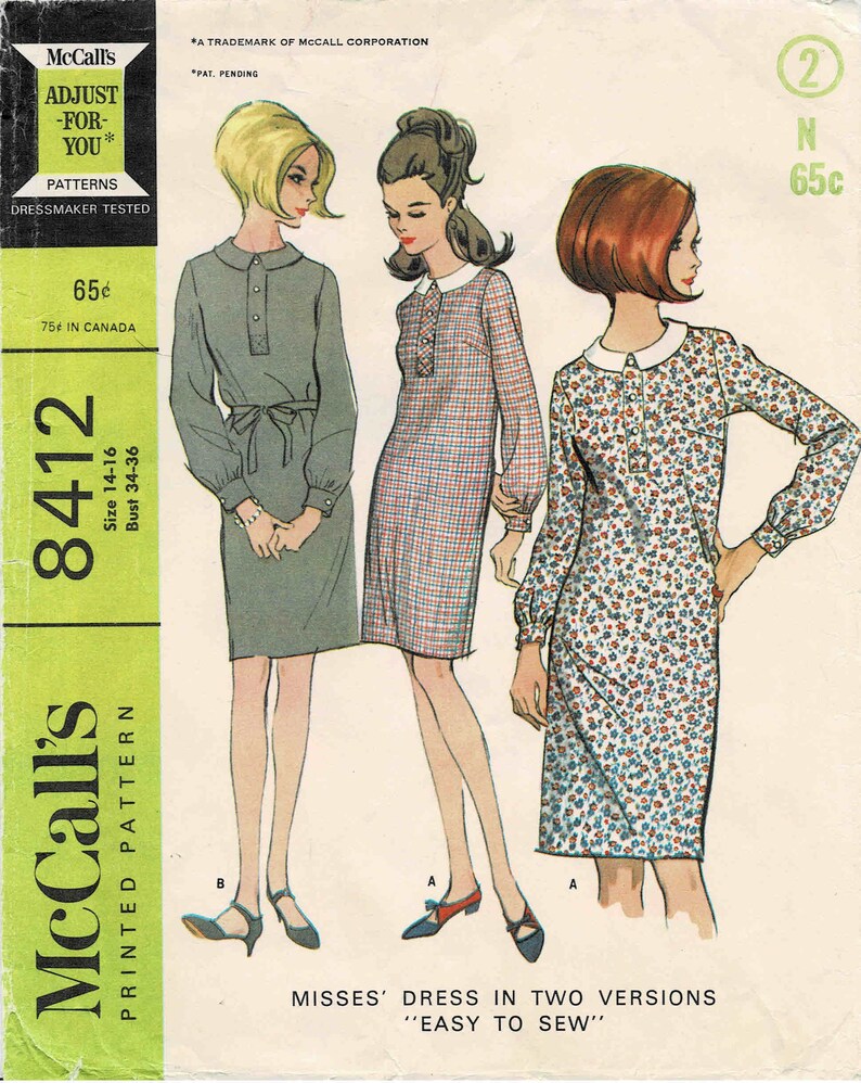 1960s Misses Chemise Dress McCall's 8412 Vintage Sewing Pattern Size 14 16 Bust 34 36 image 1